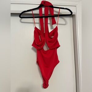 Red hot haltered neck bodysuit